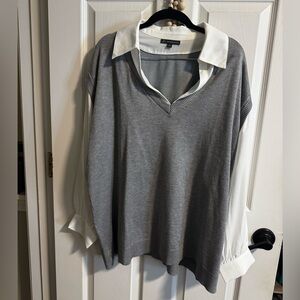 1X Adrianna Papell Gray and White V-Neck Sweater with Collared Shirt